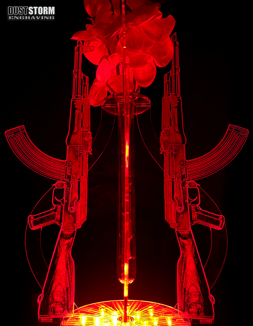 Minimalist Clear Acrylic Bud Vase Engraved AK 47 with Glass Propagation Tube