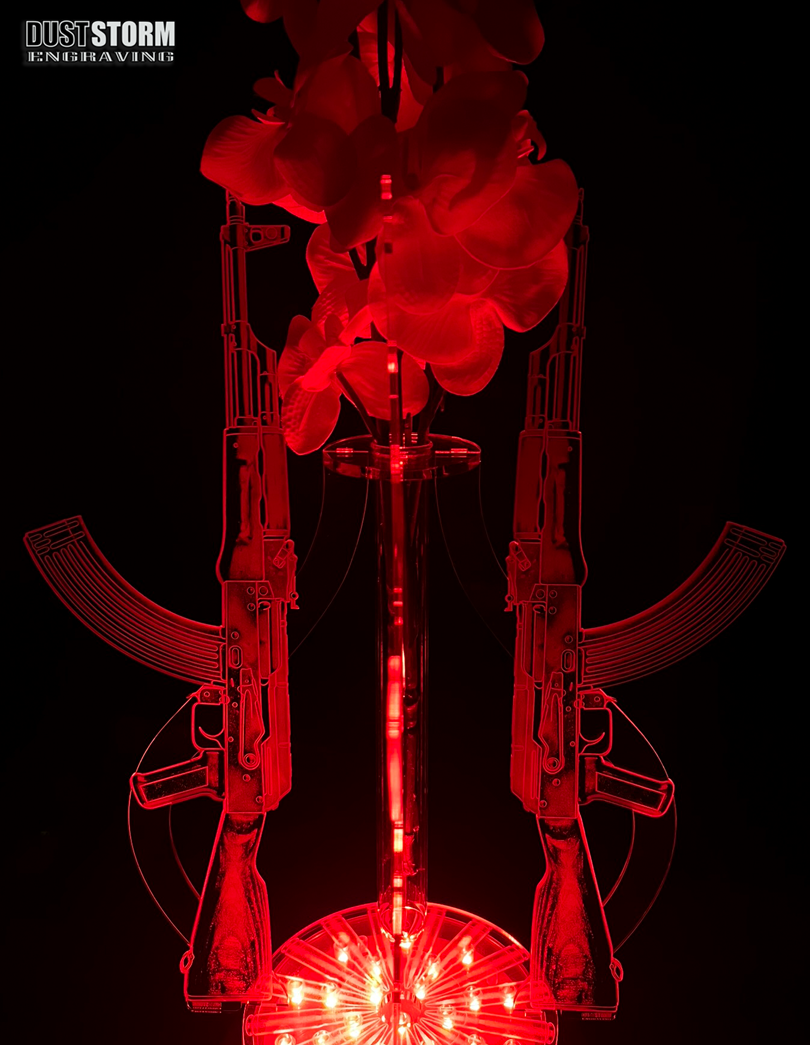 Minimalist Clear Acrylic Bud Vase Engraved AK 47 with Glass Propagation Tube