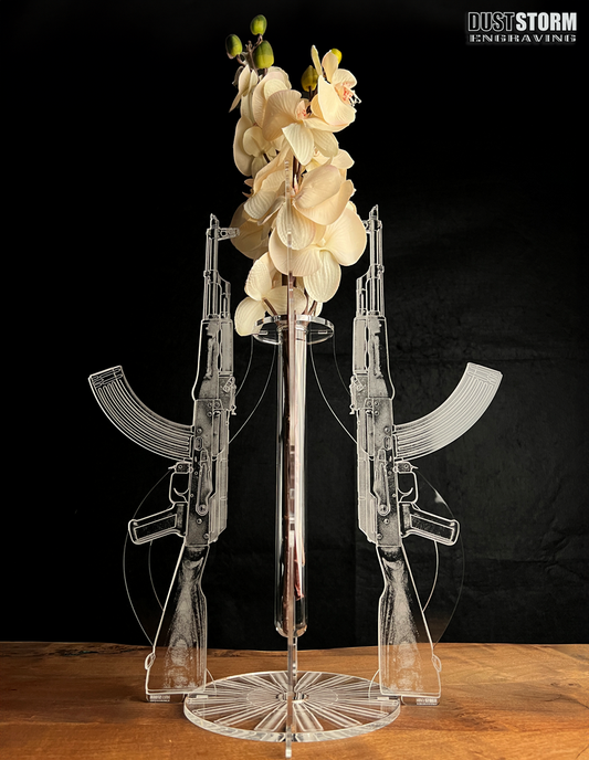 Minimalist Clear Acrylic Bud Vase Engraved AK 47 with Glass Propagation Tube