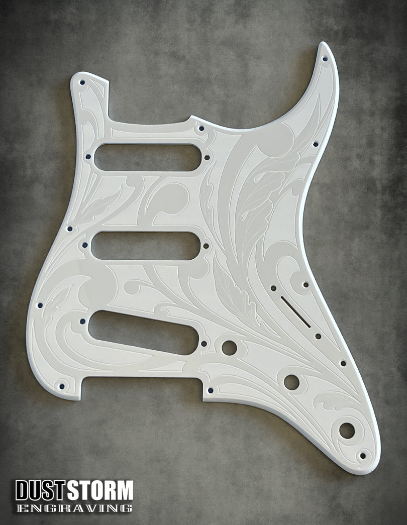 Engraved Pickguard & Free Tremolo Cover in Glossy Acrylic White Design #1 for Fender Stratocaster HSH, HSS, SSS Setups Available