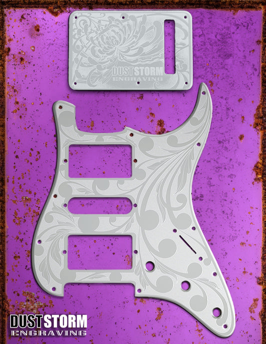 Engraved Pickguard & Free Tremolo Cover in Glossy Acrylic White Design #2 for Fender Stratocaster HSH, HSS, SSS Setups Available