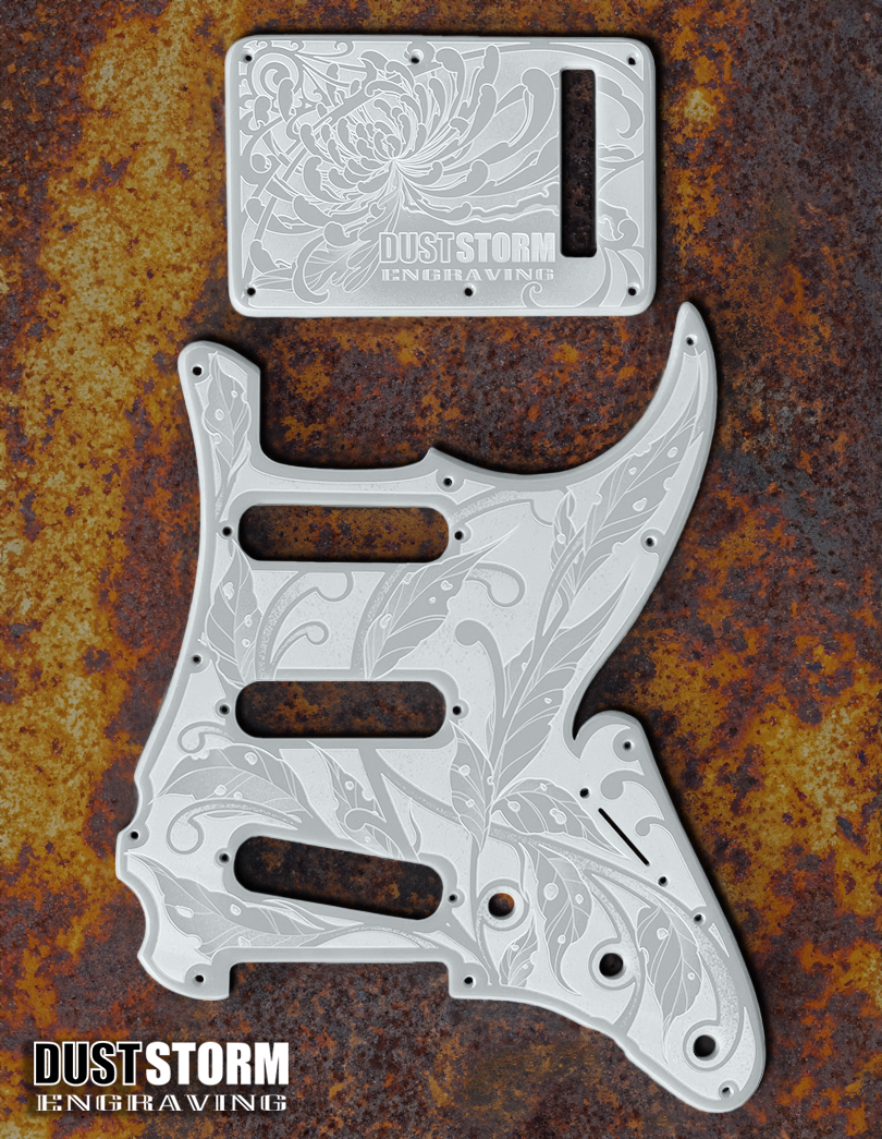 Custom Laser Engraved Pink Fender Strat Style Guitar Body with Glossy White Acrylic Pickguard and Tremolo Cover HSH, HSS, SSS Setups Available