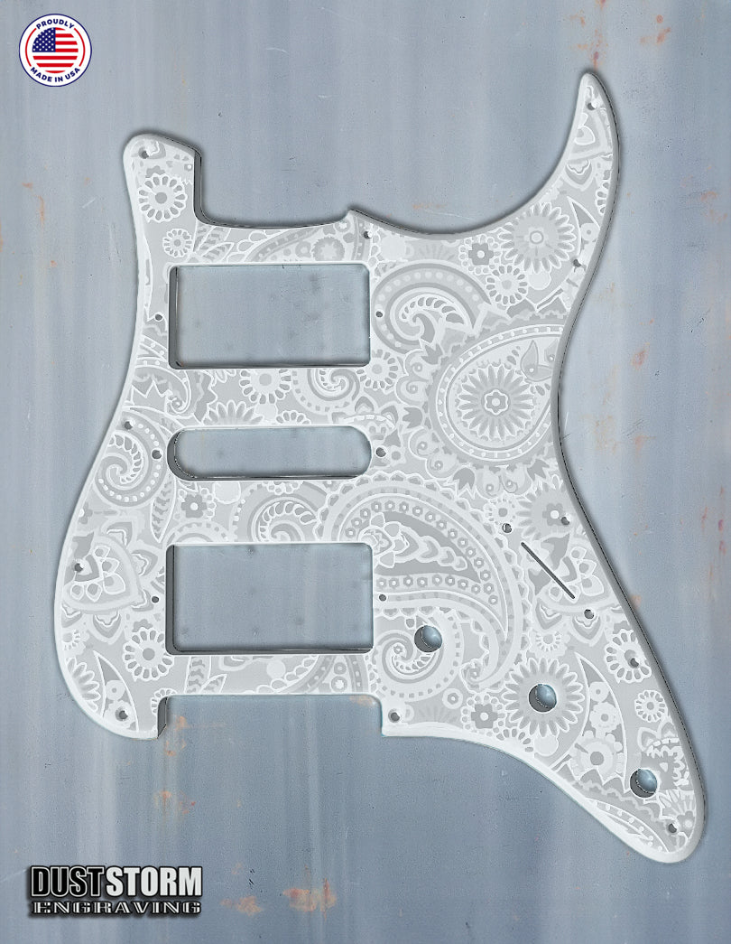 Engraved Paisley Pickguard and Tremolo Cover for Fender Stratocaster in Glossy Acrylic, 12 Solid Color Choices, HSH, HSS, SSS Setups Available