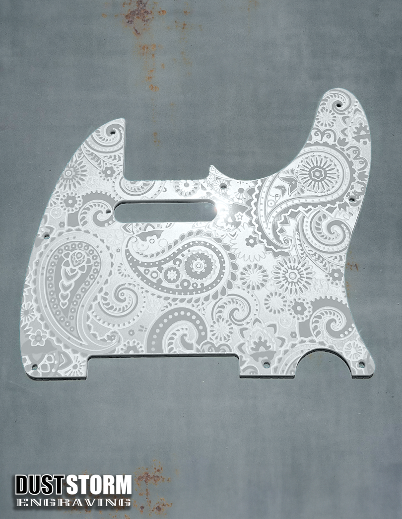 Engraved 8 Hole Paisley Pickguard for Fender Telecaster in Glossy White Acrylic American/Mexican Tele Guitar Scratch Plate Standard or Humbucker Cut Available