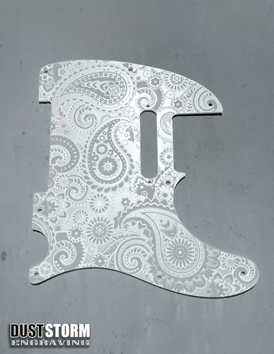 Engraved 8 Hole Paisley Pickguard for Fender Telecaster in Glossy White Acrylic American/Mexican Tele Guitar Scratch Plate Standard or Humbucker Cut Available