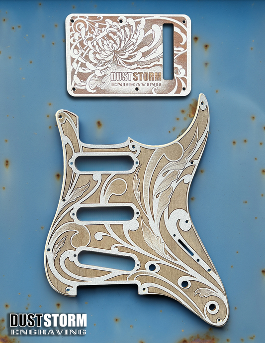 Engraved Pickguard & Free Tremolo Cover in Cherry Wood Veneer Design #1 for Fender Stratocaster SSS, HSS, HSH Setups Available