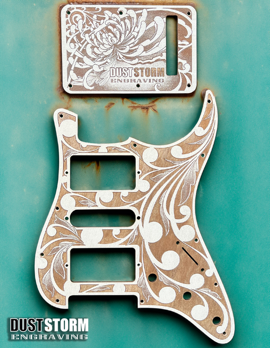 Engraved Pickguard & Free Tremolo Cover in Cherry Wood Veneer Design #2 for Fender Stratocaster SSS, HSS, HSH Setups Available