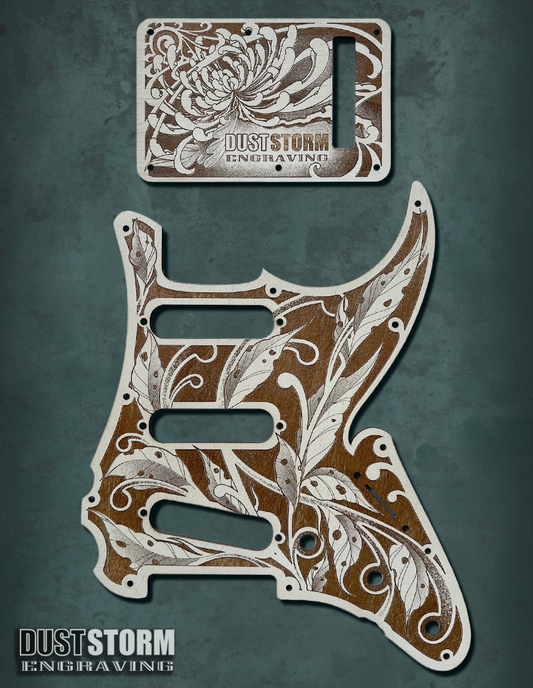 Engraved Pickguard & Free Tremolo Cover in Cherry Wood Veneer Design #3 for Fender Stratocaster SSS, HSS, HSH Setups Available
