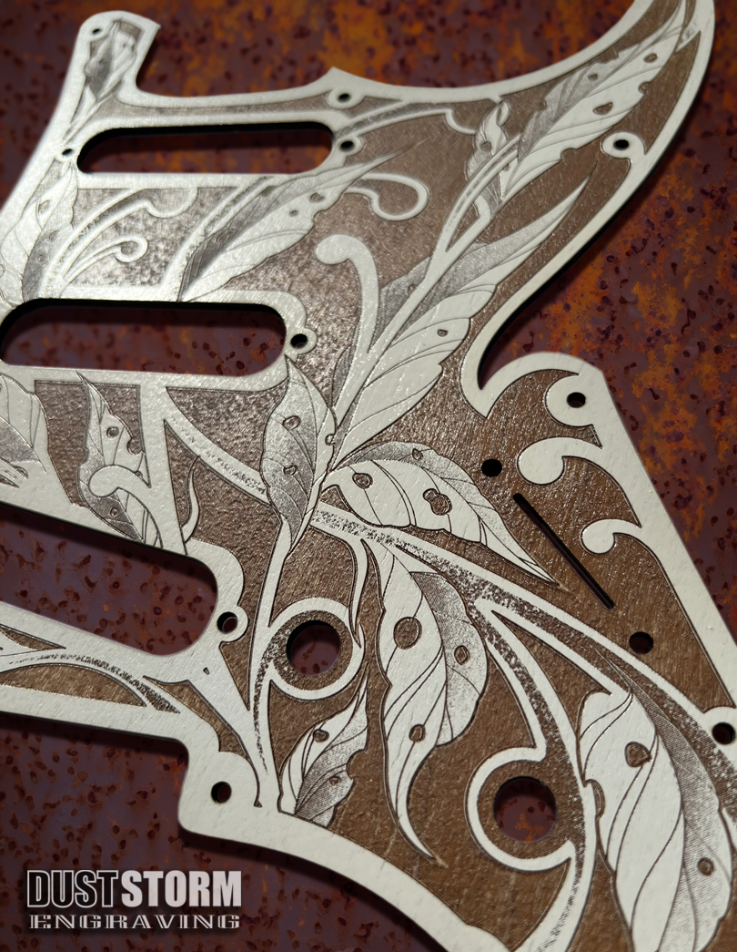 Shell Pink XGP Stratocaster Style Laser Engraved Guitar Body with Cherry Wood Veneer Pickguard and Tremolo Cover HSH, HSS, SSS Setups Available