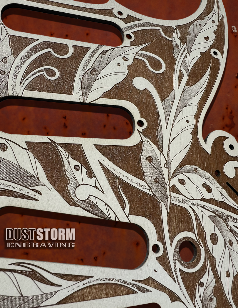 Shell Pink XGP Stratocaster Style Laser Engraved Guitar Body with Cherry Wood Veneer Pickguard and Tremolo Cover HSH, HSS, SSS Setups Available