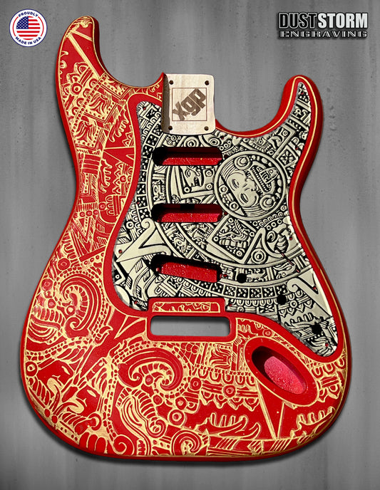 Mayan Calendar Engraved Fender Strat Style Guitar Body Sparkle Red with Pickguard and Tremolo Cover Gold and Black Acrylic Mirror HSH, HSS, SSS Setups Available