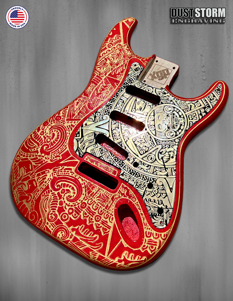 Mayan Calendar Engraved Fender Strat Style Guitar Body Sparkle Red with Pickguard and Tremolo Cover Gold and Black Acrylic Mirror HSH, HSS, SSS Setups Available