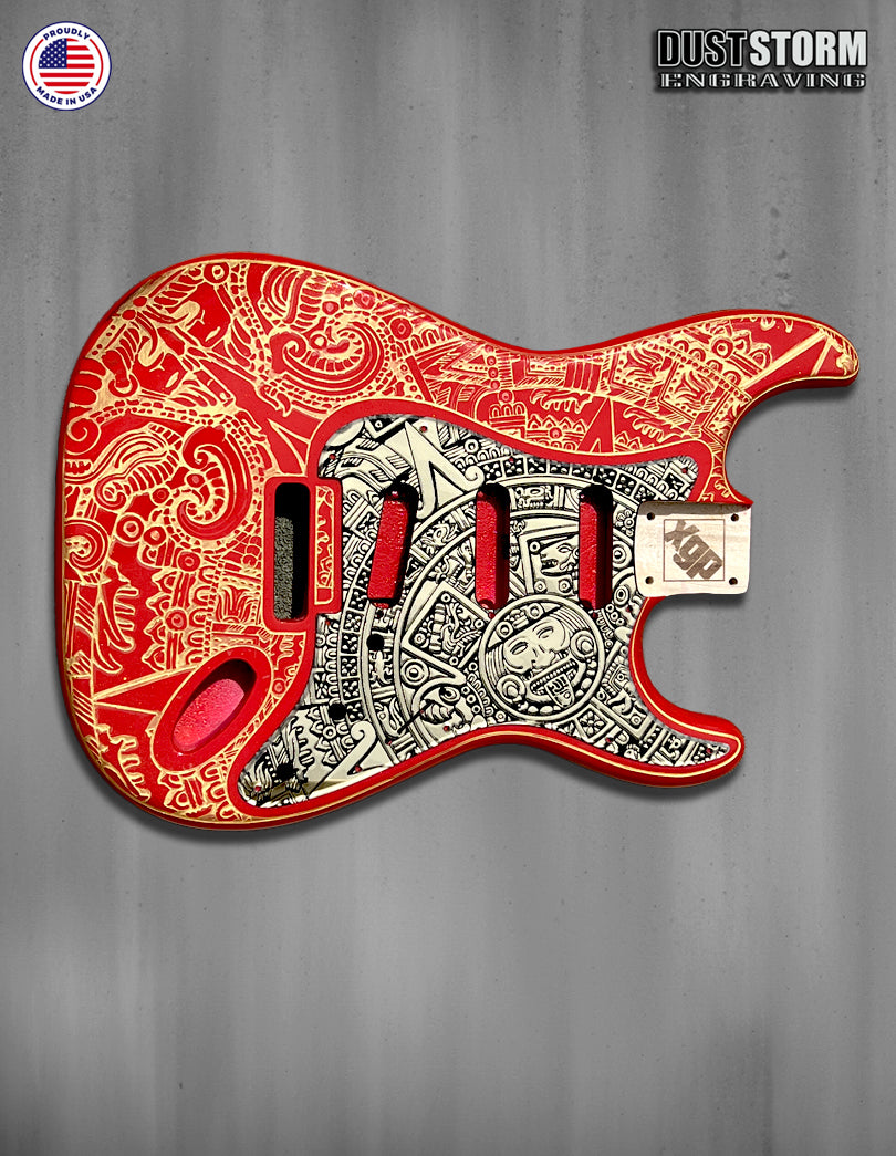 Mayan Calendar Engraved Fender Strat Style Guitar Body Sparkle Red with Pickguard and Tremolo Cover Gold and Black Acrylic Mirror HSH, HSS, SSS Setups Available