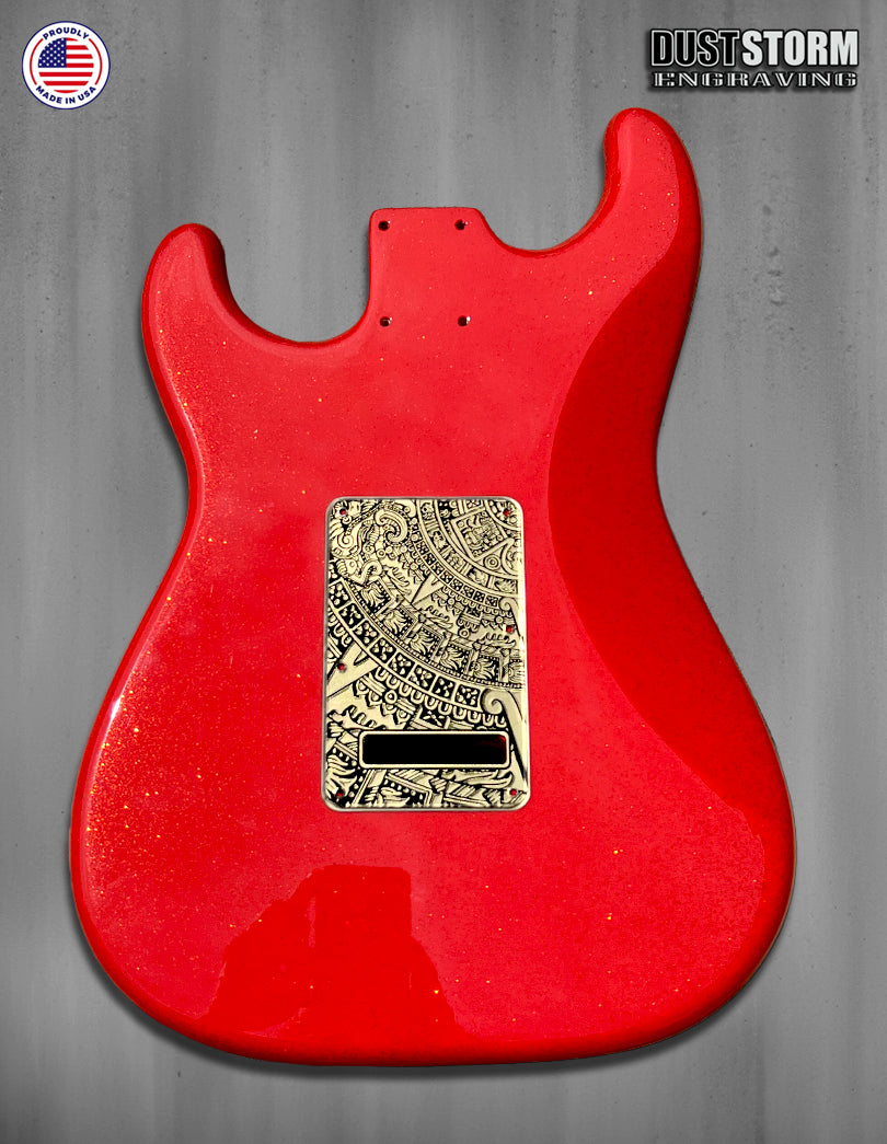 Mayan Calendar Engraved Fender Strat Style Guitar Body Sparkle Red with Pickguard and Tremolo Cover Gold and Black Acrylic Mirror HSH, HSS, SSS Setups Available