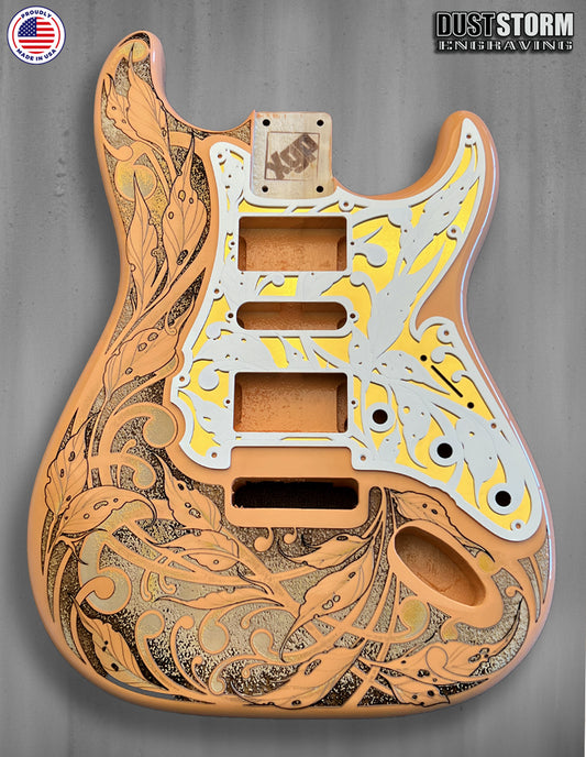 Shell Pink XGP Stratocaster Style Laser Engraved Guitar Body with White and Gold Layered Pickguard with White Tremolo Cover HSH, HSS, SSS Setups Available