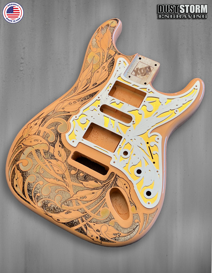 Shell Pink XGP Stratocaster Style Laser Engraved Guitar Body with White and Gold Layered Pickguard with White Tremolo Cover HSH, HSS, SSS Setups Available