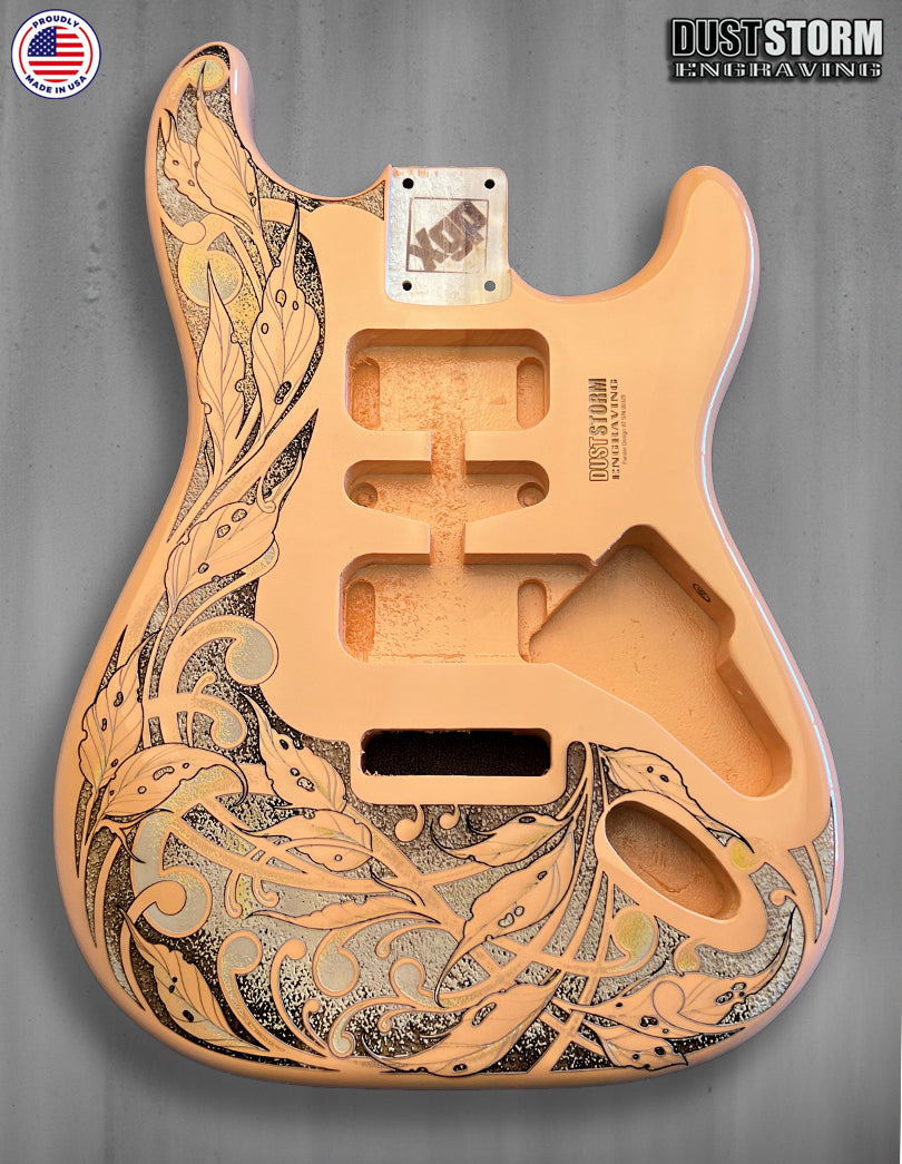 Shell Pink XGP Stratocaster Style Laser Engraved Guitar Body with White and Gold Layered Pickguard with White Tremolo Cover HSH, HSS, SSS Setups Available