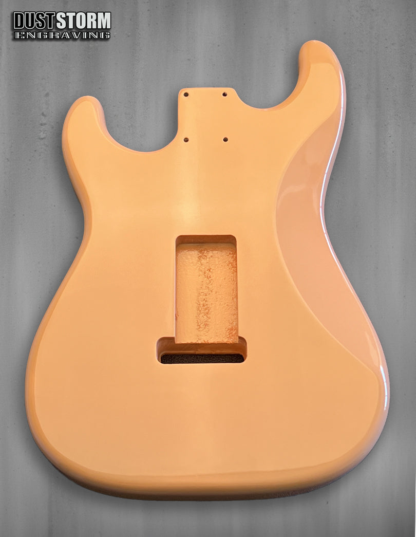 Shell Pink XGP Stratocaster Style Laser Engraved Guitar Body with White and Gold Layered Pickguard with White Tremolo Cover HSH, HSS, SSS Setups Available
