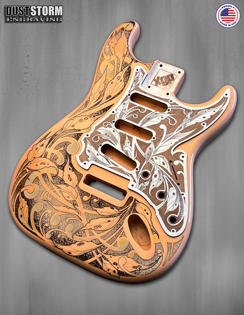 Shell Pink XGP Stratocaster Style Laser Engraved Guitar Body with Cherry Wood Veneer Pickguard and Tremolo Cover HSH, HSS, SSS Setups Available