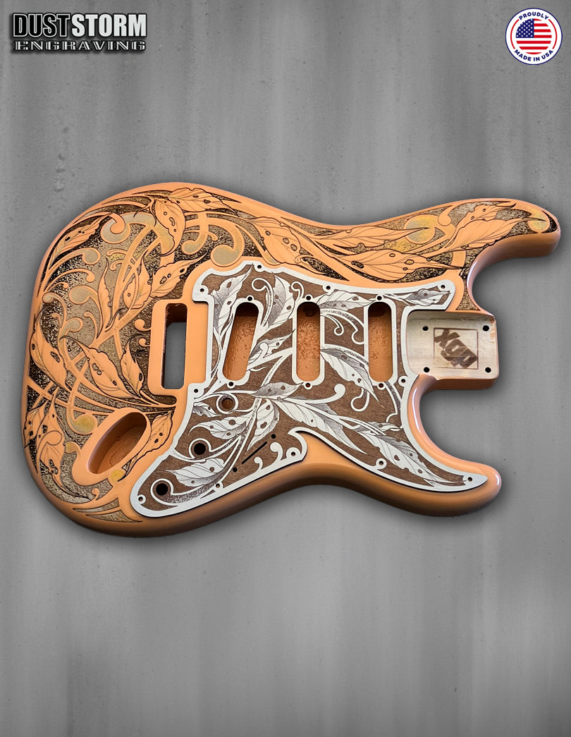 Shell Pink XGP Stratocaster Style Laser Engraved Guitar Body with Cherry Wood Veneer Pickguard and Tremolo Cover HSH, HSS, SSS Setups Available