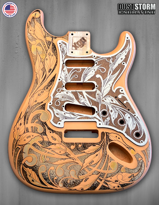 Shell Pink XGP Stratocaster Style Laser Engraved Guitar Body with Cherry Wood Veneer Pickguard and Tremolo Cover HSH, HSS, SSS Setups Available
