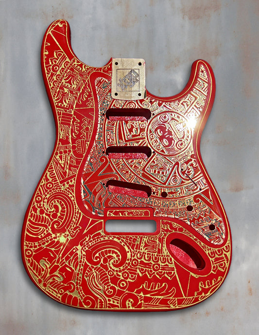 Cardinal Red XGP Guitar Body – Laser Engraved Mayan Calendar Design with Gold Acrylic Mirror Pickguard & Tremolo Cover – HSH / HSS / SSS Available