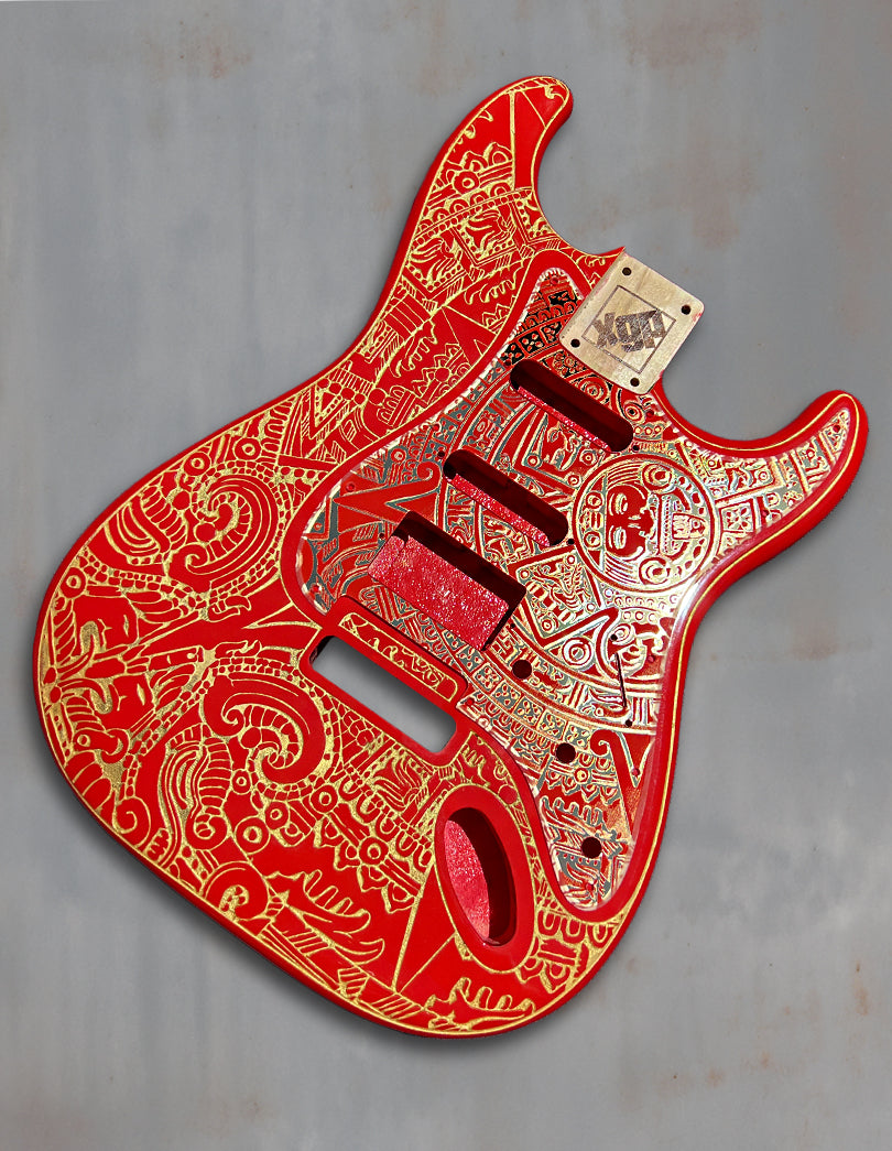 Cardinal Red XGP Guitar Body – Laser Engraved Mayan Calendar Design with Gold Acrylic Mirror Pickguard & Tremolo Cover – HSH / HSS / SSS Available