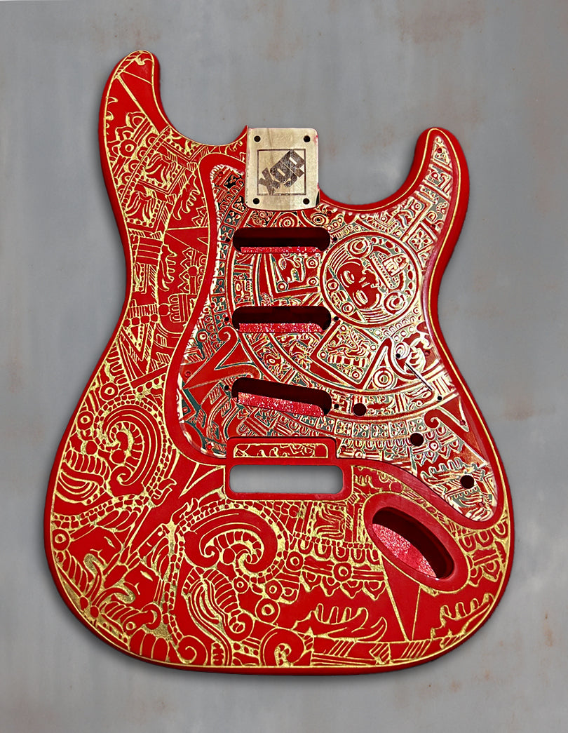 Cardinal Red XGP Guitar Body – Laser Engraved Mayan Calendar Design with Gold Acrylic Mirror Pickguard & Tremolo Cover – HSH / HSS / SSS Available