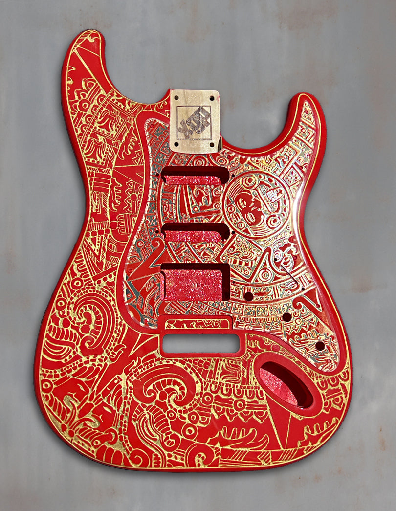 Cardinal Red XGP Guitar Body – Laser Engraved Mayan Calendar Design with Gold Acrylic Mirror Pickguard & Tremolo Cover – HSH / HSS / SSS Available