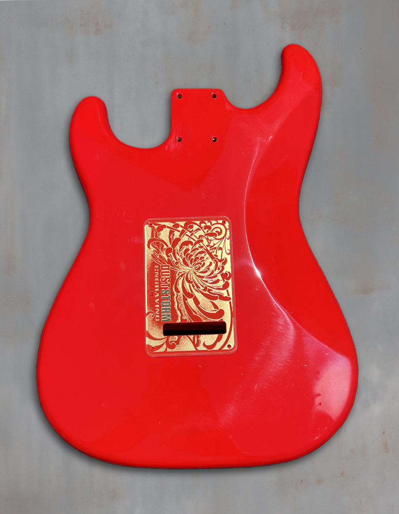 Cardinal Red XGP Guitar Body – Laser Engraved Mayan Calendar Design with Gold Acrylic Mirror Pickguard & Tremolo Cover – HSH / HSS / SSS Available