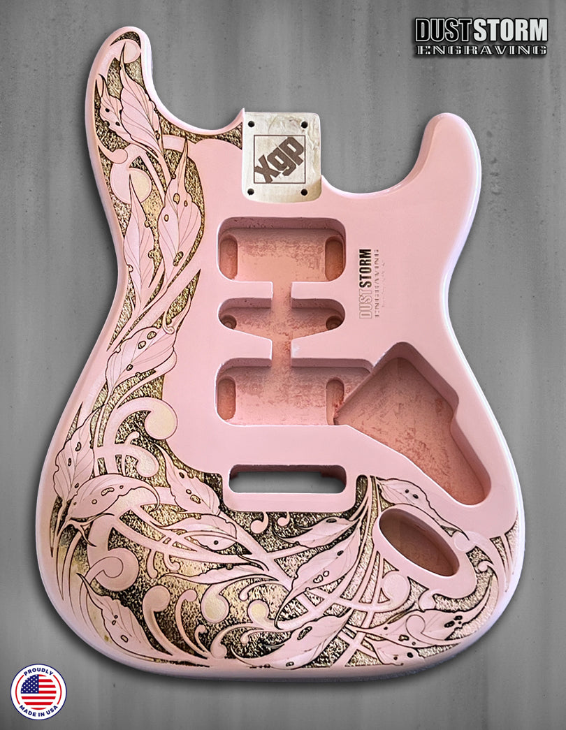 Shell Pink XGP Stratocaster Style Laser Engraved Guitar Body with Cherry Wood Veneer Pickguard and Tremolo Cover HSH, HSS, SSS Setups Available