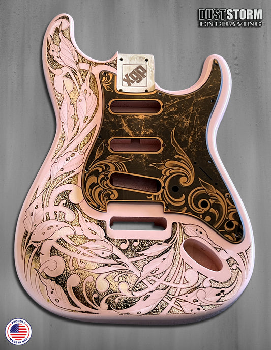Shell Pink XGP Stratocaster Style Laser Engraved Guitar Body with Copper Acrylic Mirror Pickguard and Tremolo Cover HSH, HSS, SSS Setups Available