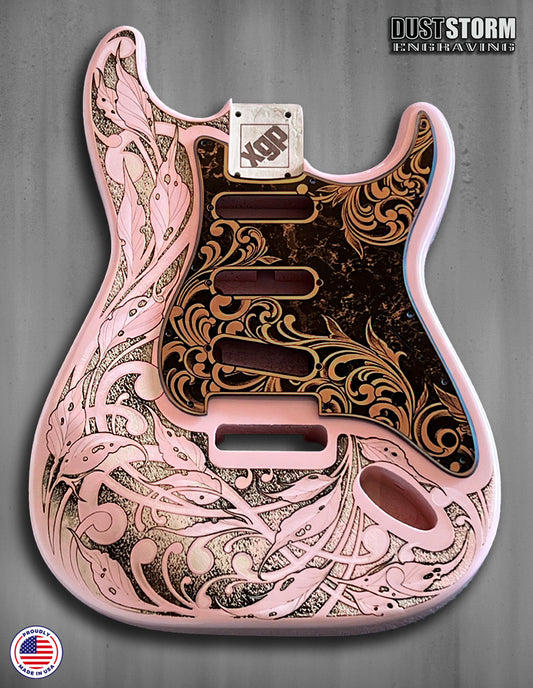 Laser Engraved Guitar Body Shell Pink XGP Stratocaster with Copper Acrylic Mirror Pickguard and Tremolo Cover HSH, HSS, SSS Setups Available