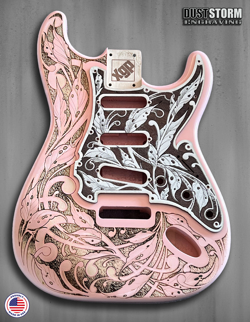 Shell Pink XGP Stratocaster Style Laser Engraved Guitar Body with Cherry Wood Veneer Pickguard and Tremolo Cover HSH, HSS, SSS Setups Available