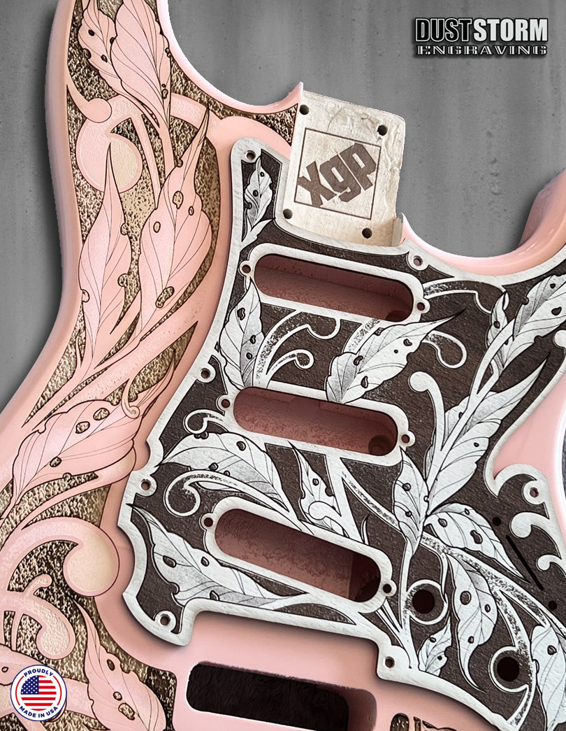 Shell Pink XGP Stratocaster Style Laser Engraved Guitar Body with Cherry Wood Veneer Pickguard and Tremolo Cover HSH, HSS, SSS Setups Available