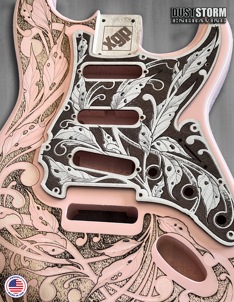 Shell Pink XGP Stratocaster Style Laser Engraved Guitar Body with Cherry Wood Veneer Pickguard and Tremolo Cover HSH, HSS, SSS Setups Available