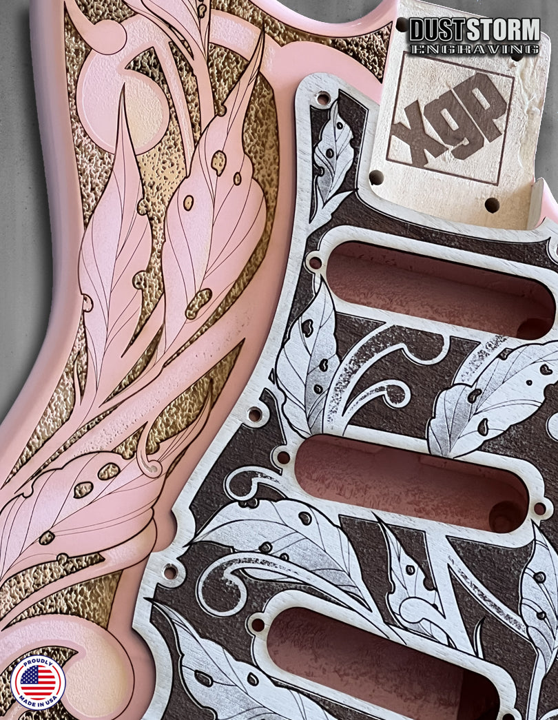 Shell Pink XGP Stratocaster Style Laser Engraved Guitar Body with Cherry Wood Veneer Pickguard and Tremolo Cover HSH, HSS, SSS Setups Available