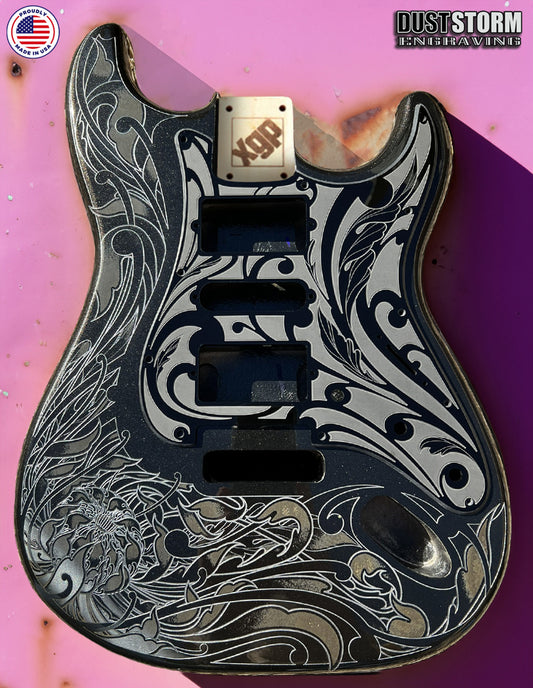 Black Sparkle XGP Stratocaster Style Laser Engraved Guitar Body with Solid Black Acrylic Pickguard and Tremolo Cover HSH, HSS, SSS Setups Available