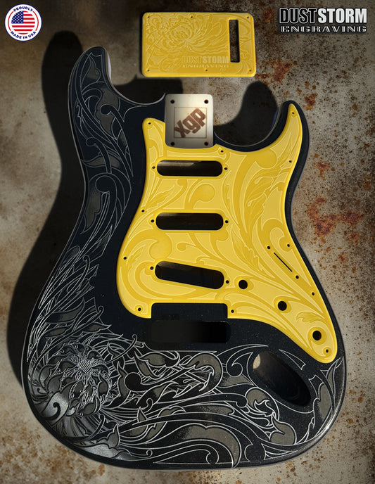 Black Sparkle XGP Stratocaster Style Laser Engraved Guitar Body with Solid Yellow Acrylic Pickguard and Tremolo Cover HSH, HSS, SSS Setups Available