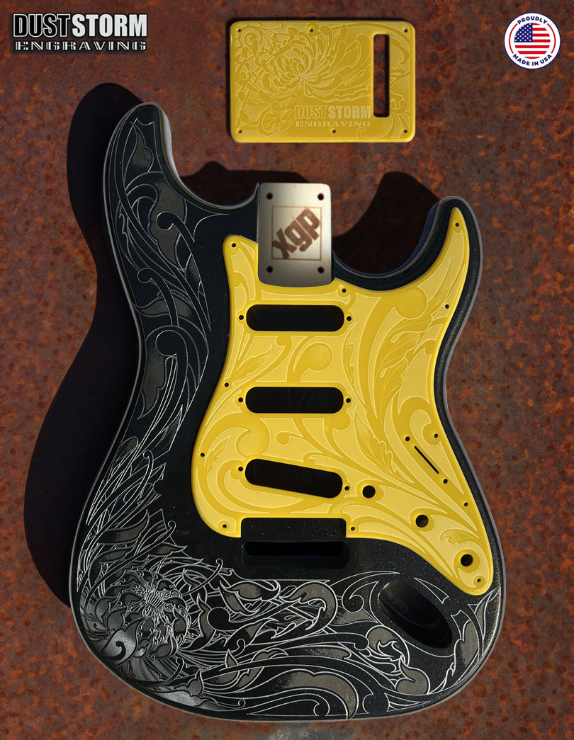 Black Sparkle XGP Stratocaster Style Laser Engraved Guitar Body with Solid Yellow Acrylic Pickguard and Tremolo Cover HSH, HSS, SSS Setups Available