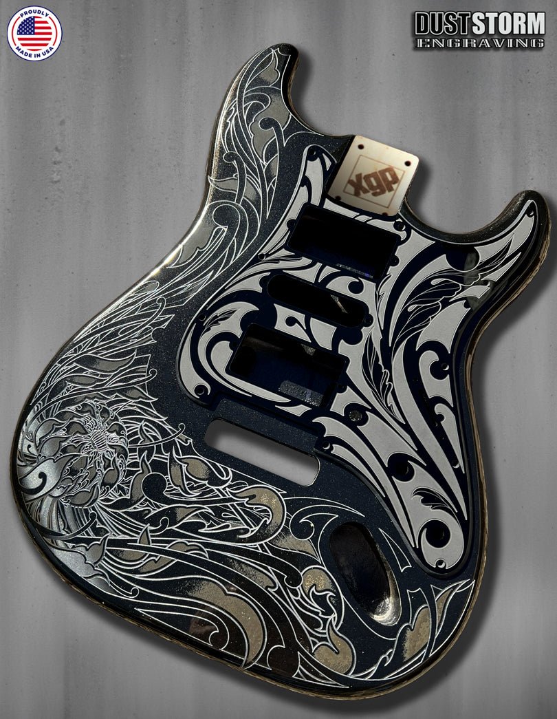 Black Sparkle XGP Stratocaster Style Laser Engraved Guitar Body with Solid Black Acrylic Pickguard and Tremolo Cover HSH, HSS, SSS Setups Available