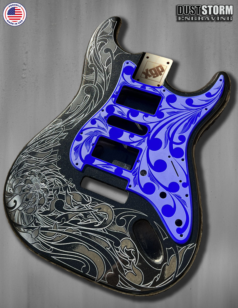 Black Sparkle XGP Stratocaster Style Laser Engraved Guitar Body with Solid Royal Blue Acrylic Pickguard and Tremolo Cover HSH, HSS, SSS Setups Available