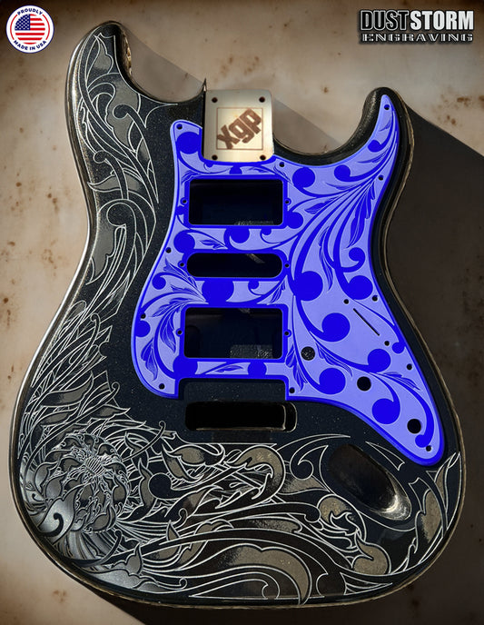 Black Sparkle XGP Stratocaster Style Laser Engraved Guitar Body with Solid Royal Blue Acrylic Pickguard and Tremolo Cover HSH, HSS, SSS Setups Available