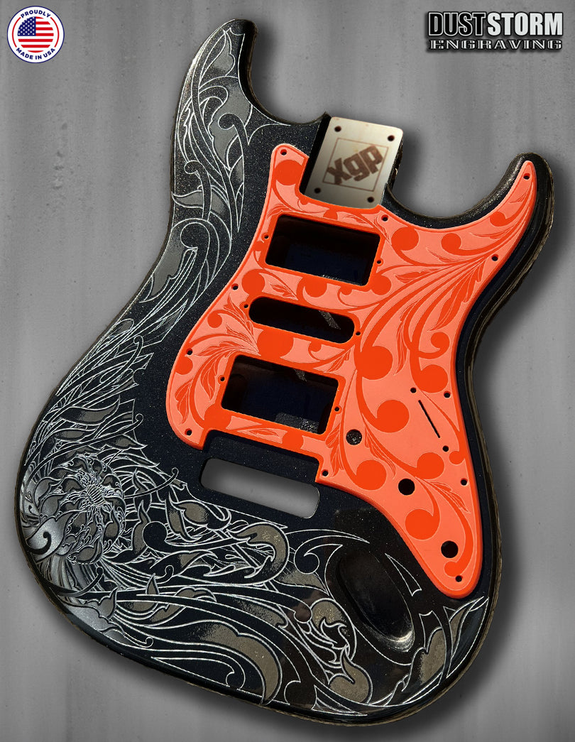 Black Sparkle XGP Stratocaster Style Laser Engraved Guitar Body with Solid Orange Acrylic Pickguard and Tremolo Cover HSH, HSS, SSS Setups Available