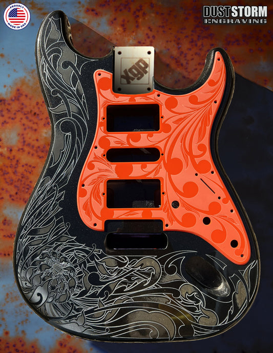 Black Sparkle XGP Stratocaster Style Laser Engraved Guitar Body with Solid Orange Acrylic Pickguard and Tremolo Cover HSH, HSS, SSS Setups Available