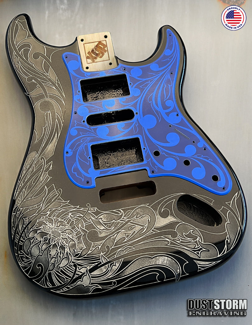 Glossy Black XGP Stratocaster Style Laser Engraved Guitar Body with Royal Blue Acrylic Mirror Pickguard and Tremolo Cover HSH, HSS, SSS Setups Available