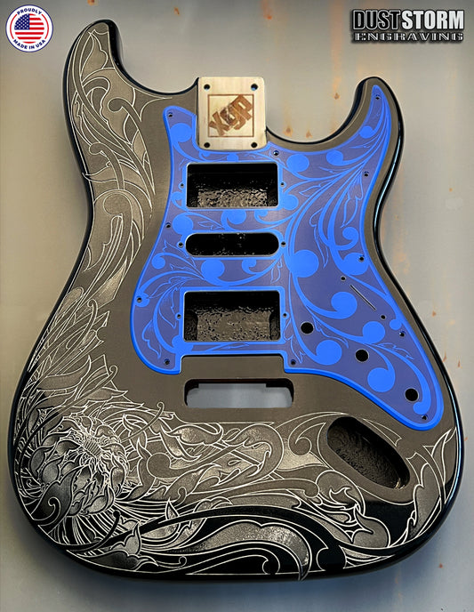Glossy Black XGP Stratocaster Style Laser Engraved Guitar Body with Royal Blue Acrylic Mirror Pickguard and Tremolo Cover HSH, HSS, SSS Setups Available