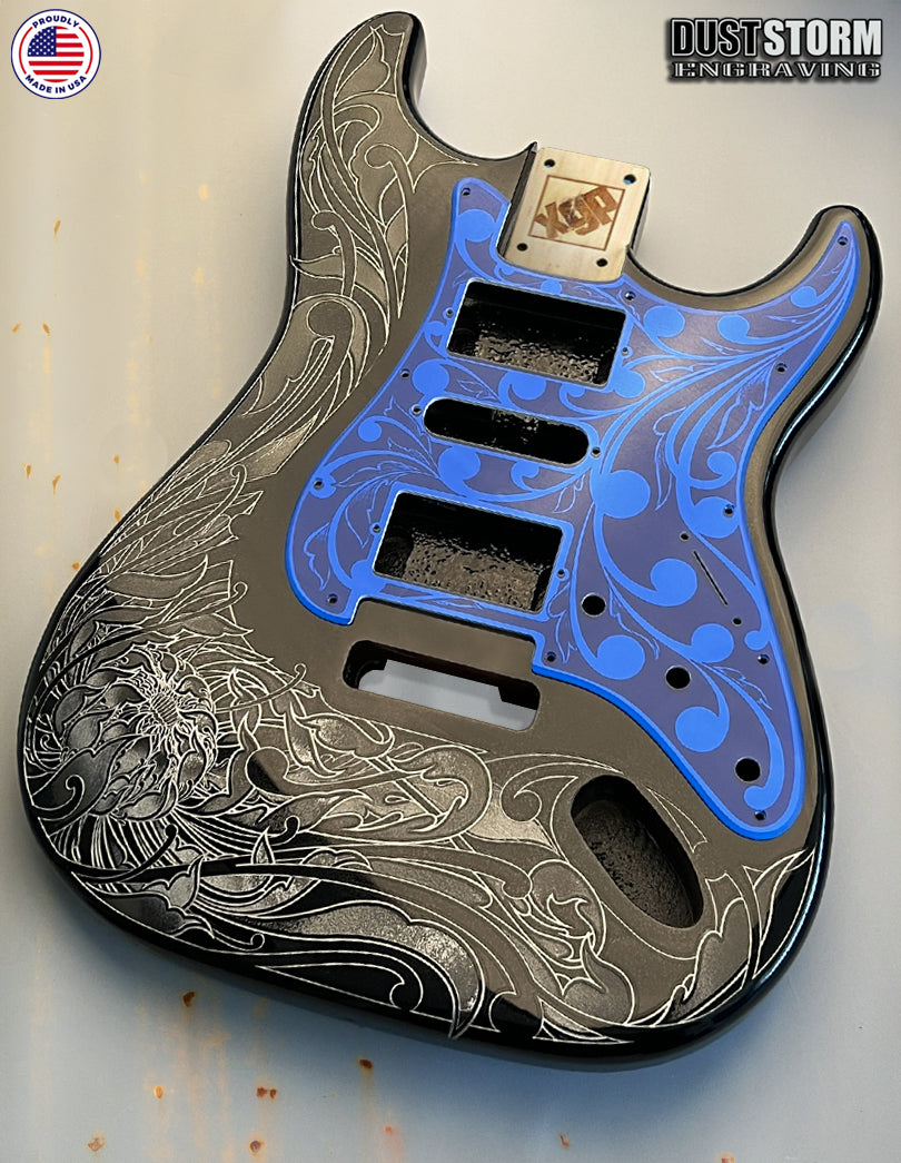 Glossy Black XGP Stratocaster Style Laser Engraved Guitar Body with Royal Blue Acrylic Mirror Pickguard and Tremolo Cover HSH, HSS, SSS Setups Available