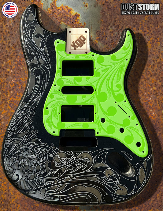 Black Sparkle XGP Stratocaster Style Laser Engraved Guitar Body with Solid Slimer Green Acrylic Pickguard and Tremolo Cover HSH, HSS, SSS Setups Available