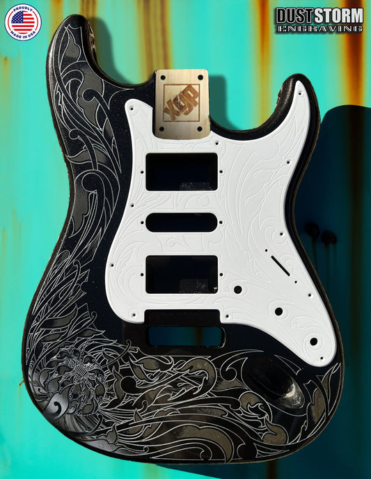 Glossy Black XGP Stratocaster Style Laser Engraved Guitar Body with Solid White Acrylic Pickguard and Tremolo Cover HSH, HSS, SSS Setups Available